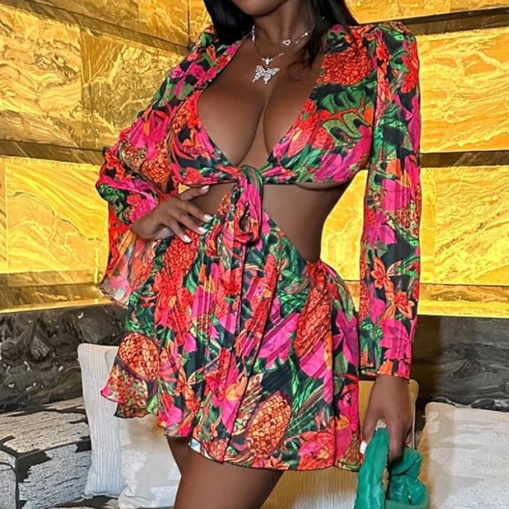 NWT Women's Sexy Summer Tropical Mini Dress Deep V Vacation Tie Front Sundress